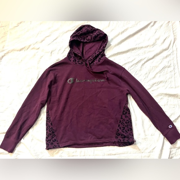 Champion Maroon Hoodie Sweatshirt w Leopard Accents and Adjustable Waist Sz M - Picture 2 of 13